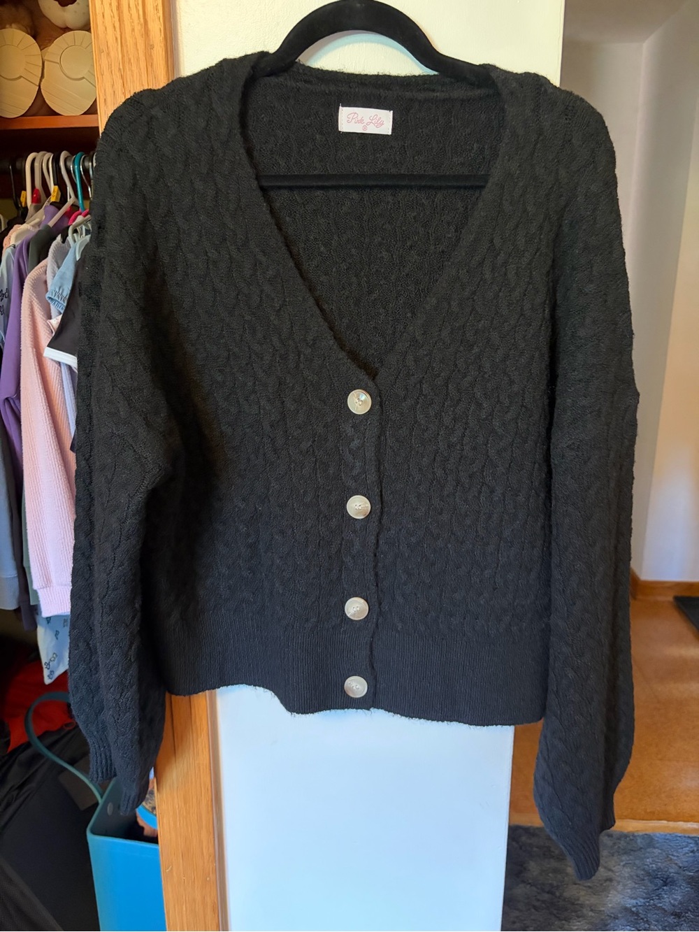 NWOT Pink Lily Black Cable-Knit Button Front Cardigan